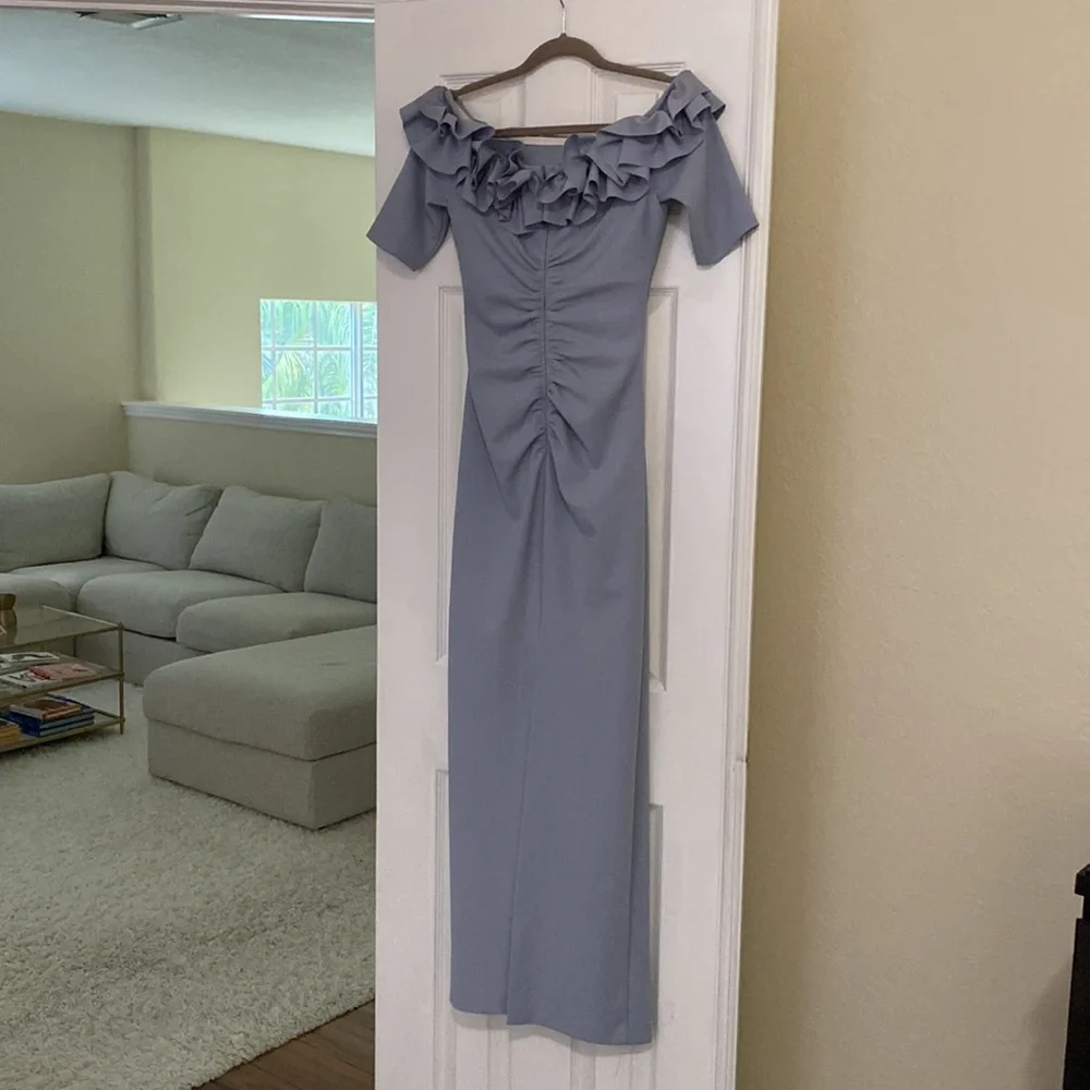 Xscape Long Blue Ruffle Dress - Picture 6 of 8